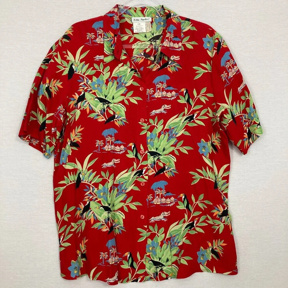 Ulla Popken Red Multi Color Tropical Print Soft Rayon Button Down size 12/14